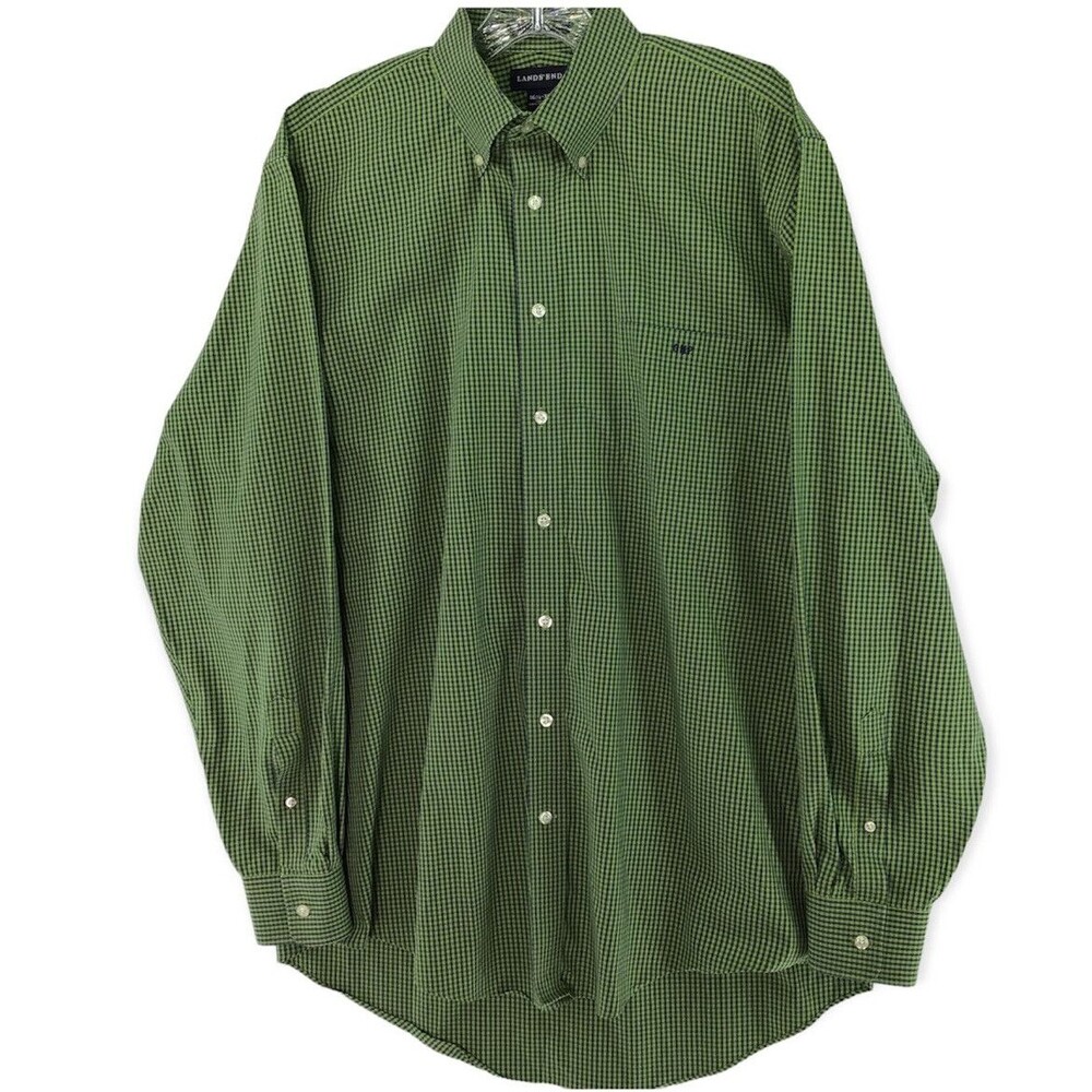 LANDS END Mens Size 16.5 - 36 Tall No Iron Pinpoint Oxford Green Navy monogram